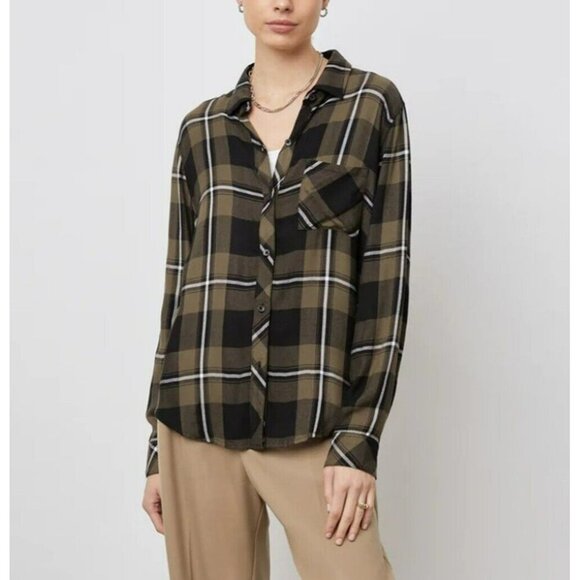 Rails Tops - Rails Button Up Shirt Womens L Black Olive Ivory Plaid Long Sloeeve Hunter Top